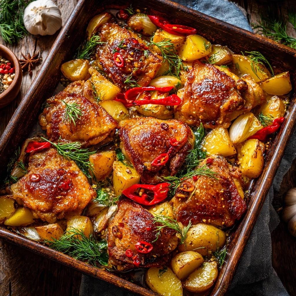 Knuspriges Hähnchen-Blech mit Dill-Kartoffeln in einer rustikalen Auflaufform, serviert mit frischem Dill und roten Chilischoten.