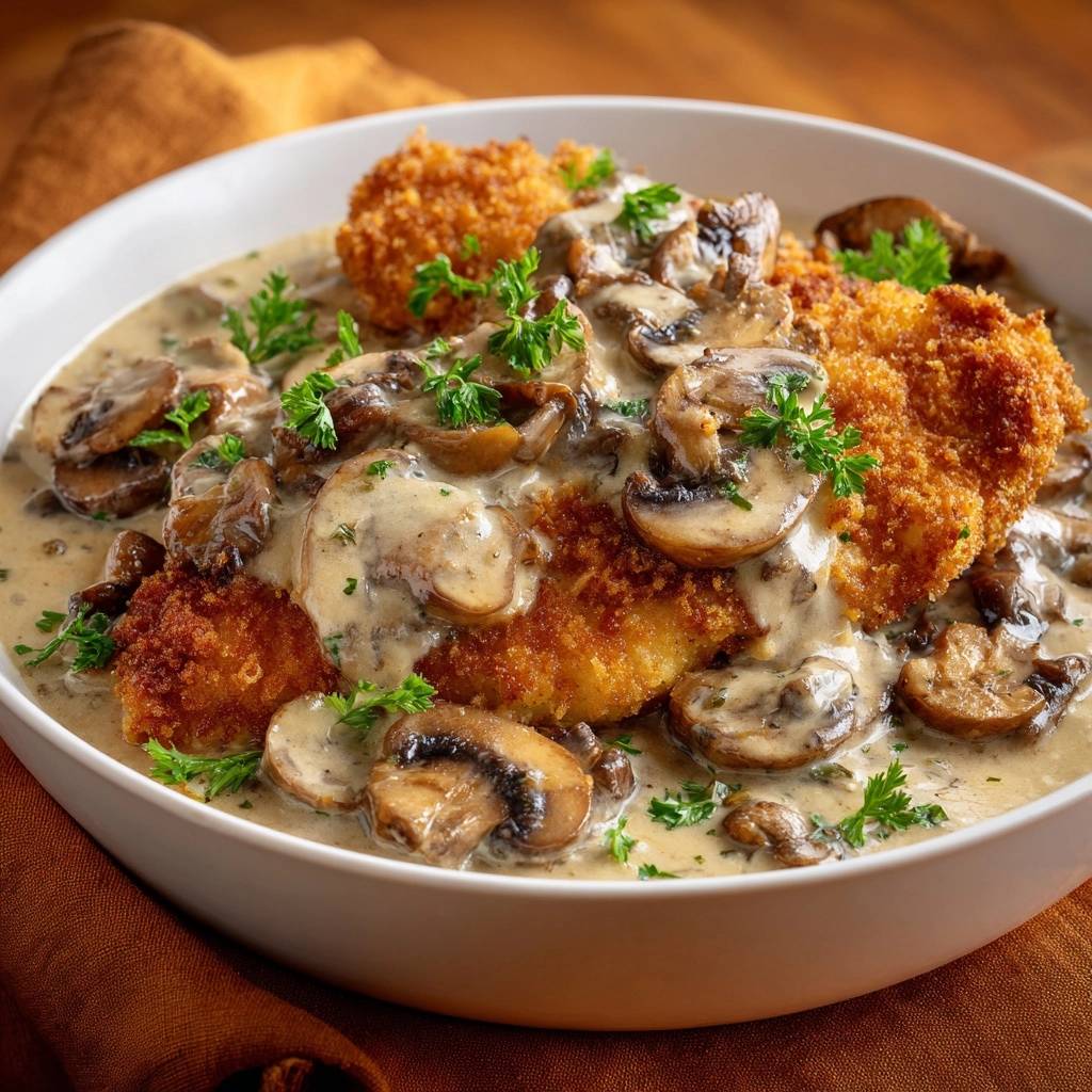 Knuspriges Huhnerschnitzel Mit Pilz Rahmso E Serviert 1 Knuspriges Hähnchenschnitzel mit Pilz-Rahmsoße, serviert in einer weißen Schüssel, wird von einer cremigen Pilzsoße bedeckt. Dazu frische Petersilie als Garnierung.