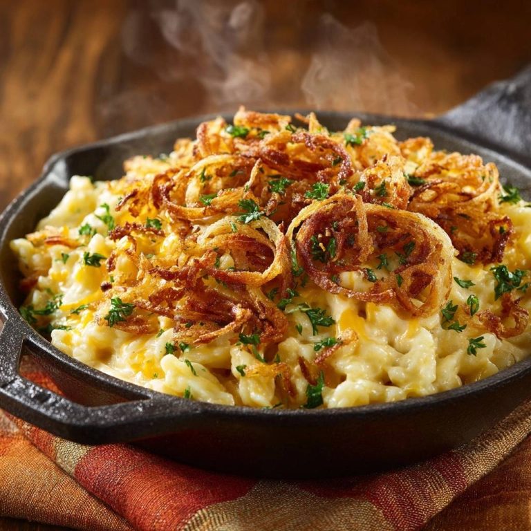 Knuspriges Käsemakkaroni mit Zwiebelkrone in einer gusseisernen Pfanne, garniert mit knusprigen Zwiebelringen und frischer Petersilie in Nahaufnahme.