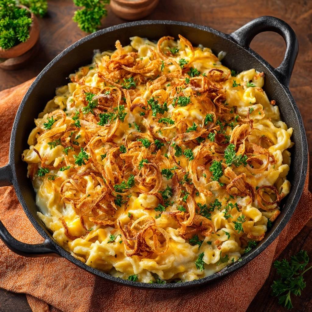 Knuspriges Kaesemakkaroni Zwiebelkrone Draufsicht 1 Knuspriges Käsemakkaroni mit Zwiebelkrone in einer schwarzen Pfanne, garniert mit frischer Petersilie, aus der Vogelperspektive gesehen.