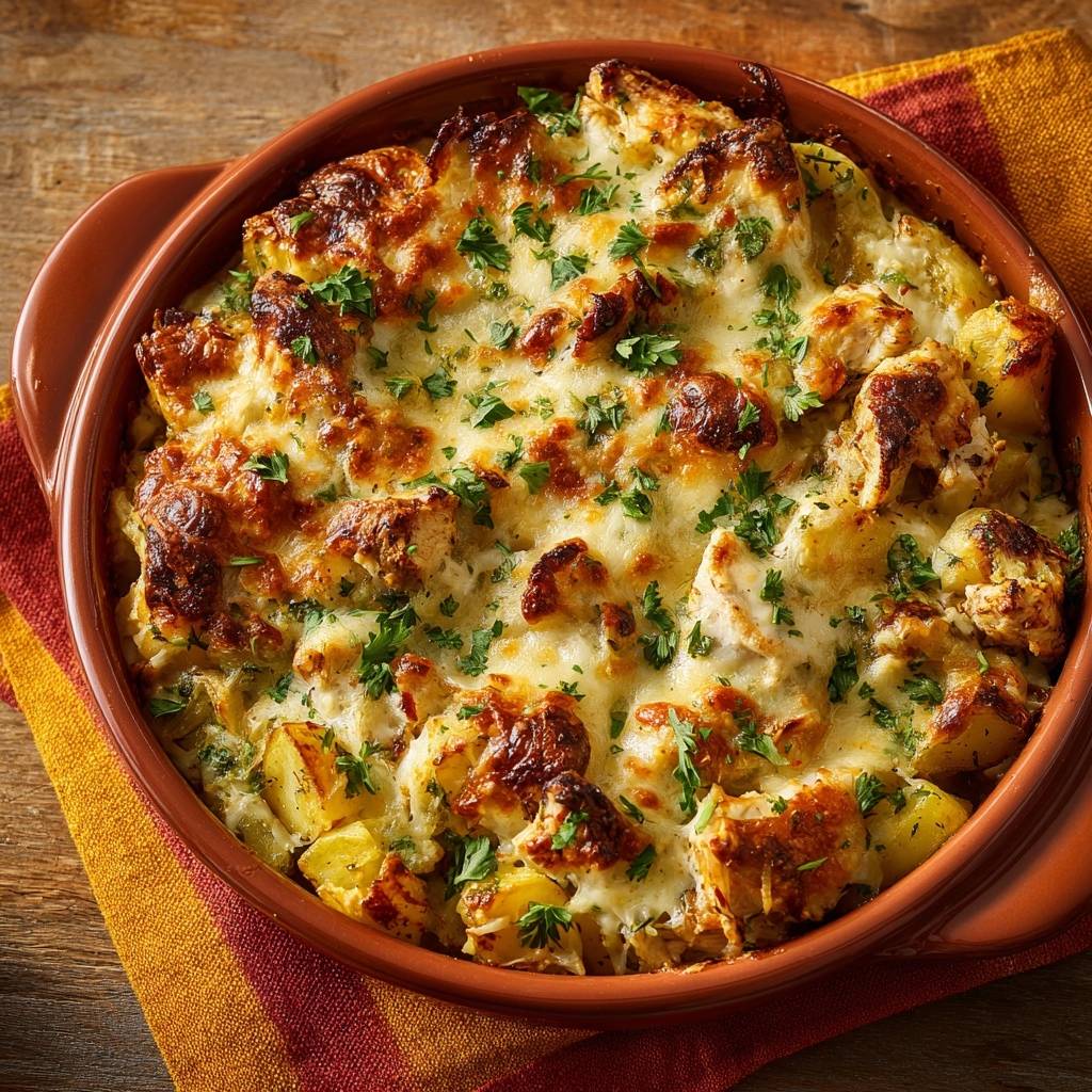 Knuspriges Kartoffel Kase Gratin Draufsicht 1 Knuspriges Kartoffel-Käse-Gratin in einer rustikalen Auflaufform, serviert mit einer knusprigen Käsekruste und frischen Kräutern, von oben betrachtet.