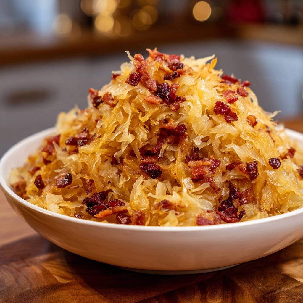 Knuspriges Sauerkraut Mit Speck Draufsicht 1 Knuspriges Sauerkraut mit Speck in einer weißen Schüssel von oben. Das deftige Gericht ist mit knusprigem Speck garniert.