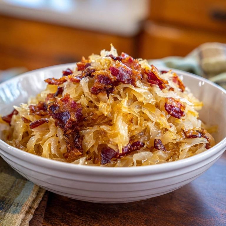 Knuspriges Sauerkraut mit Speck, serviert in einer weißen Schüssel, garniert mit knusprigem Speck. Ein herzhaftes und köstliches Gericht für Genießer.
