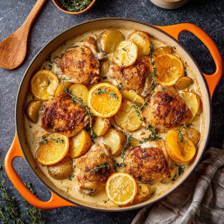 Knuspriges Zitronen-Orangen-Hähnchen mit Thymiankartoffeln: Eine köstliche Draufsicht des fertigen Gerichts in einer orangefarbenen Pfanne, garniert mit frischen Zutaten.