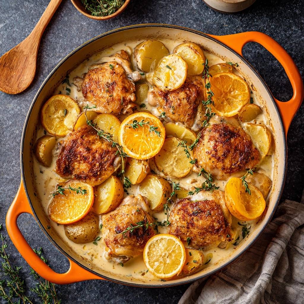 Knuspriges Zitronen-Orangen-Hähnchen mit Thymiankartoffeln: Eine köstliche Draufsicht des fertigen Gerichts in einer orangefarbenen Pfanne, garniert mit frischen Zutaten.