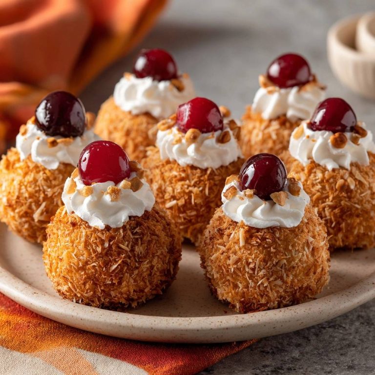 Kokos-Schneebällchen mit Sahne und Kirsche, serviert auf einem Teller, mit frisch geschlagener Sahne und einer glänzenden Kirsche als Topping.