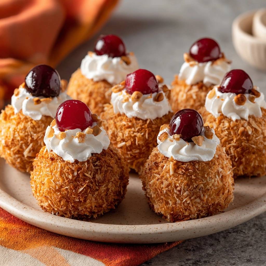 Kokos-Schneebällchen mit Sahne und Kirsche, serviert auf einem Teller, mit frisch geschlagener Sahne und einer glänzenden Kirsche als Topping.