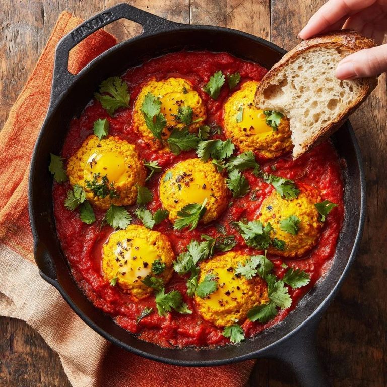 Kurkuma-Blumenkohl-Bällchen Shakshuka, serviert in einer gusseisernen Pfanne, mit frischen Kräutern garniert und mit Brot zum Dippen.