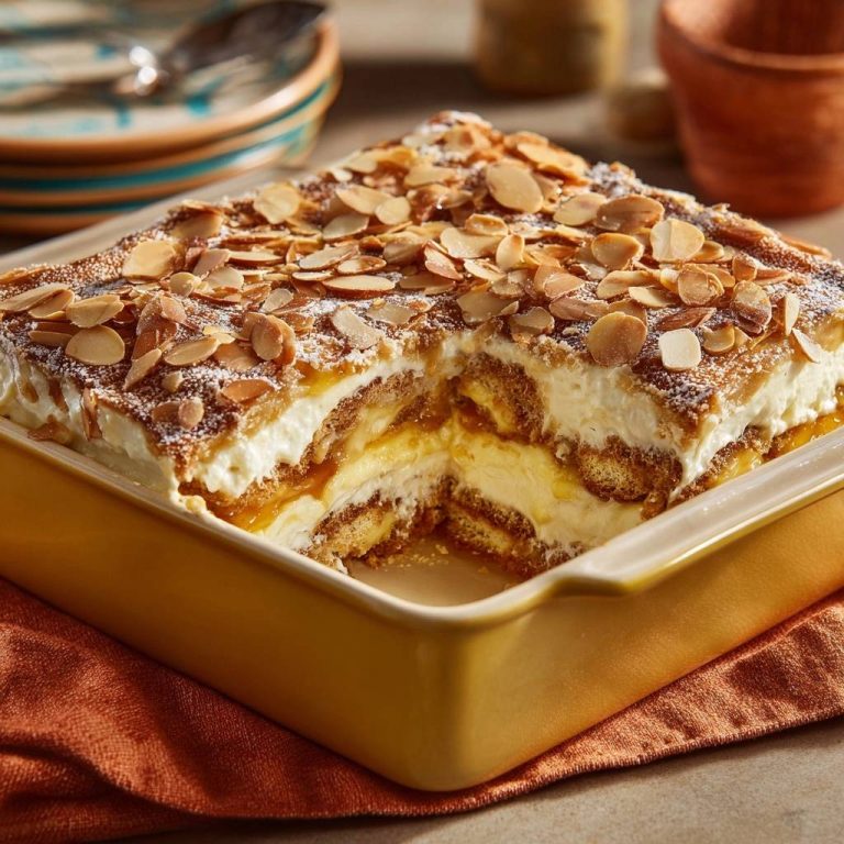 Mandarinen-Sahne-Torte mit Mandeln im Anschnitt: Die cremige Torte zeigt hier ihre geschichteten Mandarinen, Sahne und Löffelbiskuits.