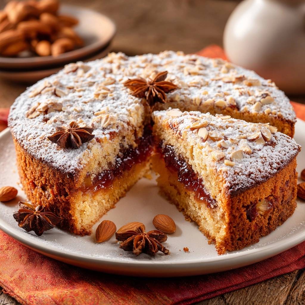 Marmeladen Streuselkuchen Mit Mandeln Querschnitt 1 Marmeladen-Streuselkuchen mit Mandeln zeigt einen saftigen Querschnitt, gefüllt mit fruchtiger Marmelade und bedeckt mit Streuseln und Mandeln.