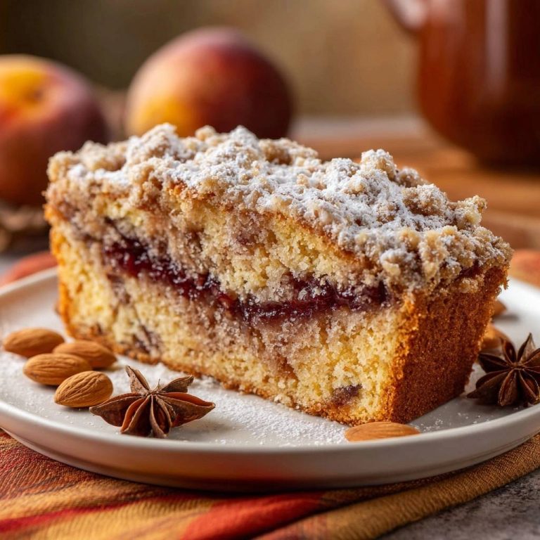 Marmeladen-Streuselkuchen mit Mandeln: Ein köstliches Stück Kuchen, angeschnitten und serviert, mit einer Schicht Marmelade und knusprigen Streuseln.
