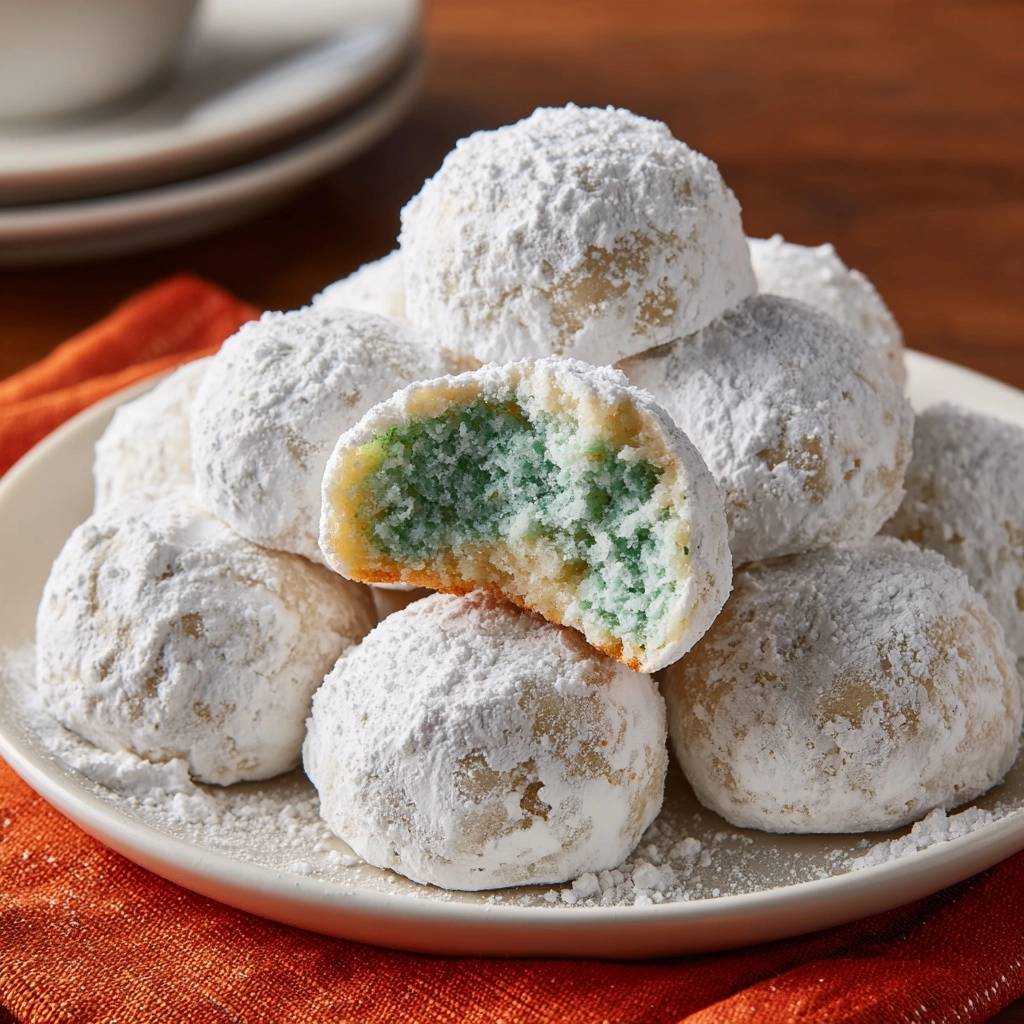 Matcha Karotten Mochi Baellchen Querschnitt Innenansicht 1 Matcha-Karotten-Mochi-Bällchen zeigen hier einen aufgeschnittenen Blick, der das leuchtend grüne Innere der Küchlein enthüllt. Die Mochi-Bällchen sind reichlich mit Puderzucker bestäubt.