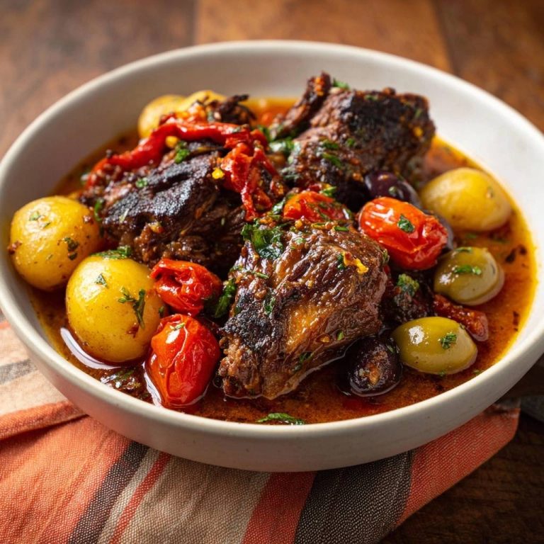 Mediterranes Rindfleisch mit Kartoffeln, Oliven & Tomaten serviert in einer weißen Schüssel, garniert mit frischen Kräutern und Olivenöl.
