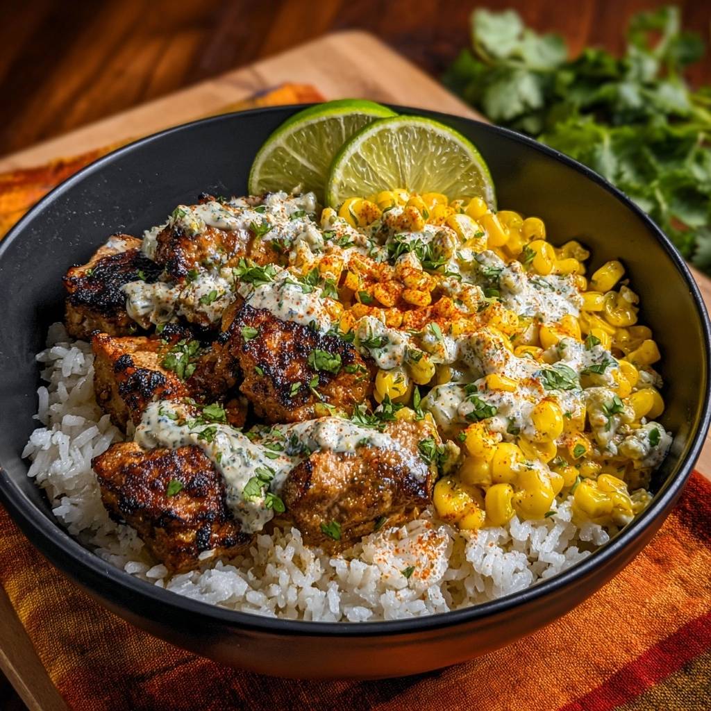 Mexikanische Hahnchen Elote Bowl Serviert 1 Mexikanische Hähnchen-Elote-Bowl serviert in einer schwarzen Schüssel, mit gegrilltem Hähnchen, Mais, Reis, Limettenscheiben und Kräutern garniert.