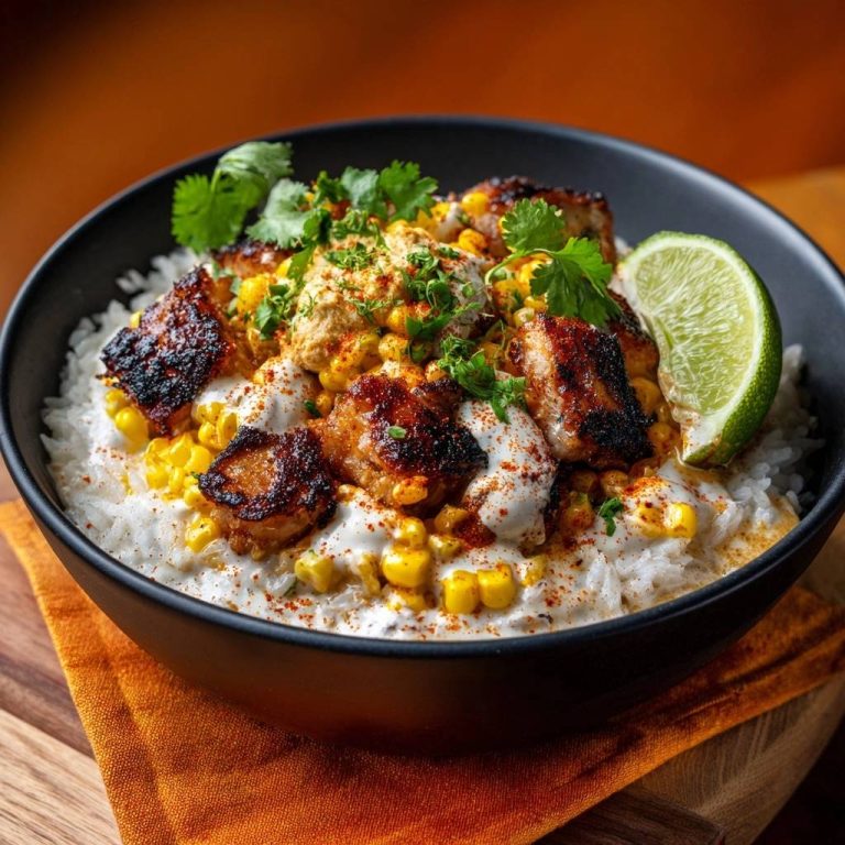 Mexikanische Hähnchen-Elote-Bowl serviert in einer schwarzen Schüssel, garniert mit frischem Koriander und einer Limettenscheibe.