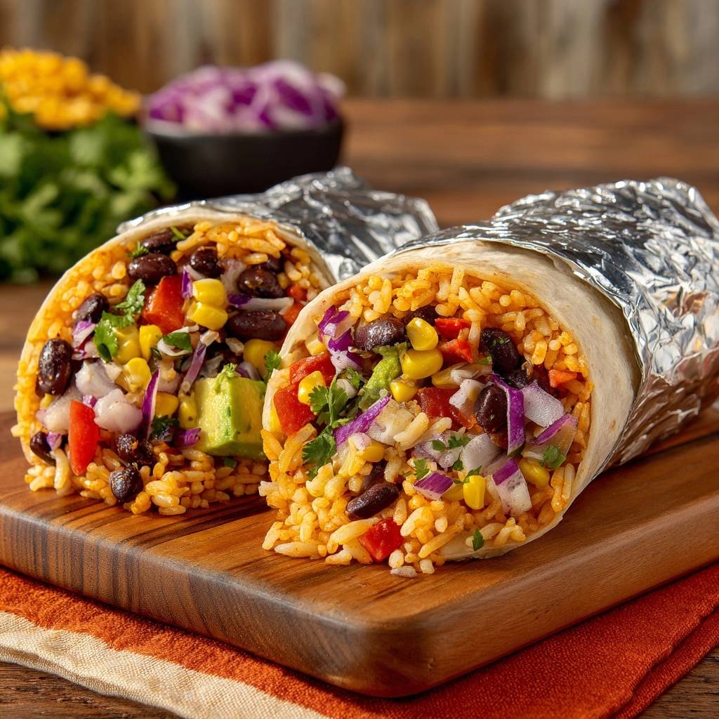 Mexikanischer Veggie Burrito Querschnitt 1 Mexikanischer Veggie-Burrito in Nahaufnahme, angeschnitten, mit Reis, schwarzen Bohnen, Mais und Gemüse auf einem Holzbrett serviert.
