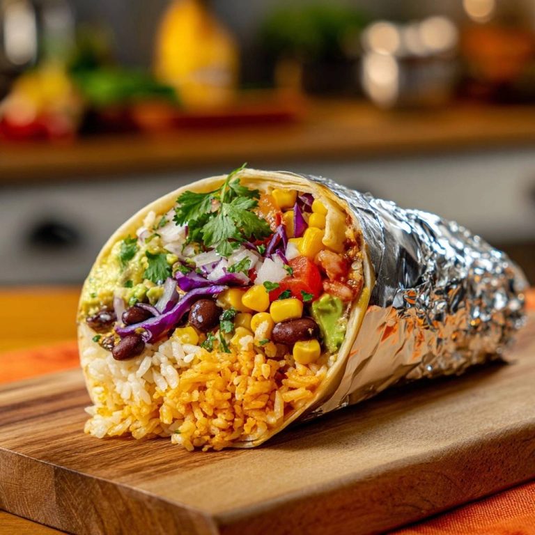 Mexikanischer Veggie-Burrito in Nahaufnahme, angeschnitten, mit Reis, Bohnen und frischem Gemüse gefüllt, präsentiert auf einem Holzbrett.