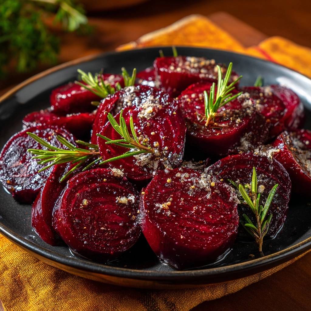 Ofen Rote Bete Mit Knoblauch Rosmarin Serviert 1 Ofen-Rote Bete mit Knoblauch & Rosmarin, serviert auf einem dunklen Teller, garniert mit frischen Rosmarinzweigen. Die saftigen Rote Bete Scheiben sind appetitlich angerichtet.