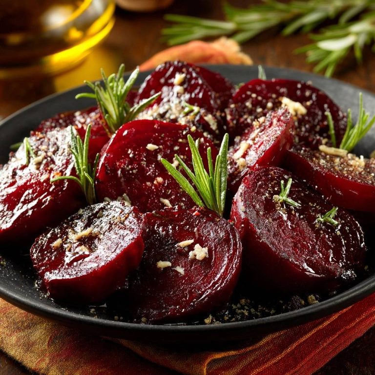 Ofen-Rote Bete mit Knoblauch und Rosmarin, serviert auf einem schwarzen Teller, garniert mit frischem Rosmarin und Knoblauch.