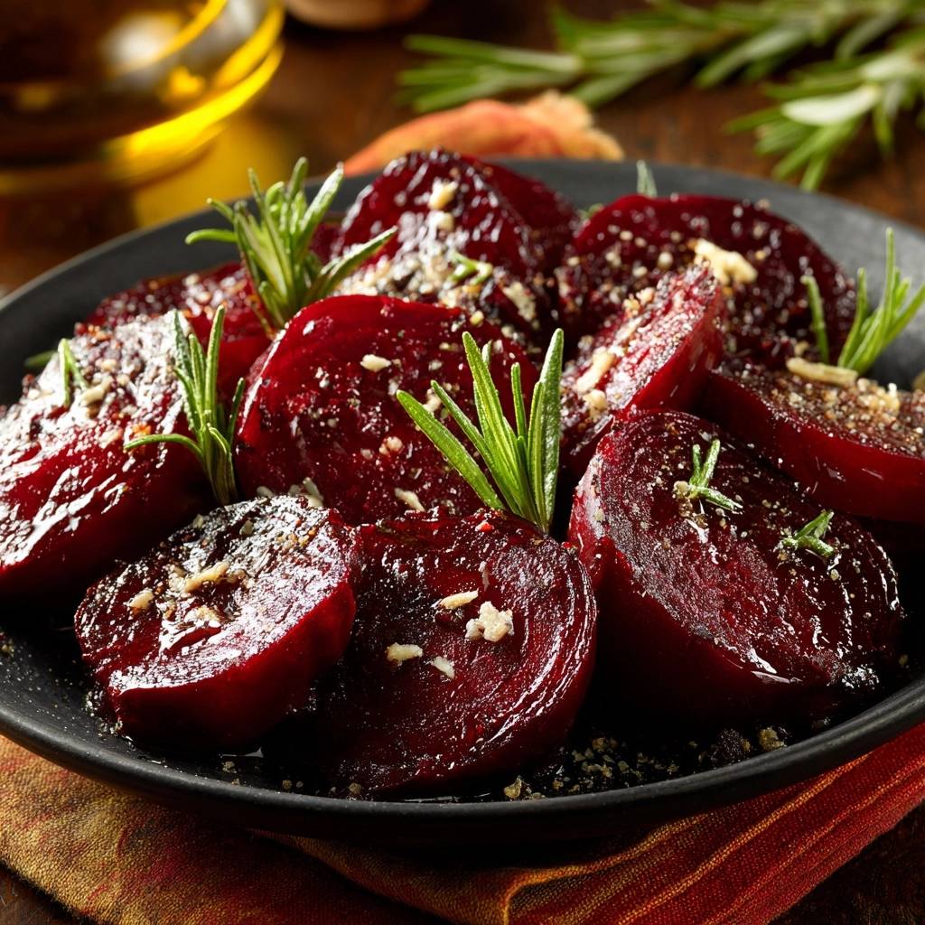 Ofen-Rote Bete mit Knoblauch und Rosmarin, serviert auf einem schwarzen Teller, garniert mit frischem Rosmarin und Knoblauch.