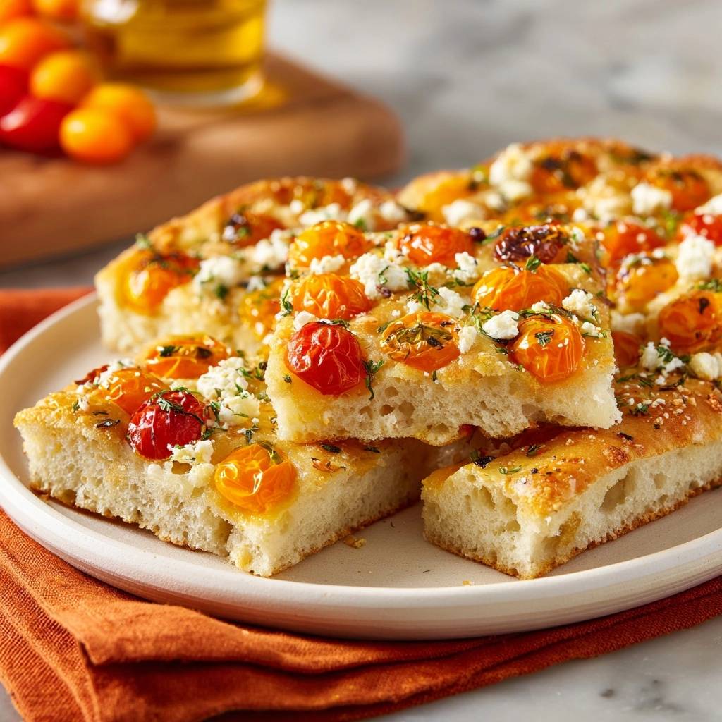 Ofentomaten Feta Focaccia Querschnitt 1 Ofentomaten-Feta-Focaccia in Nahaufnahme: Der Anschnitt zeigt die saftige Krume und die frischen Tomaten und Feta-Stückchen.