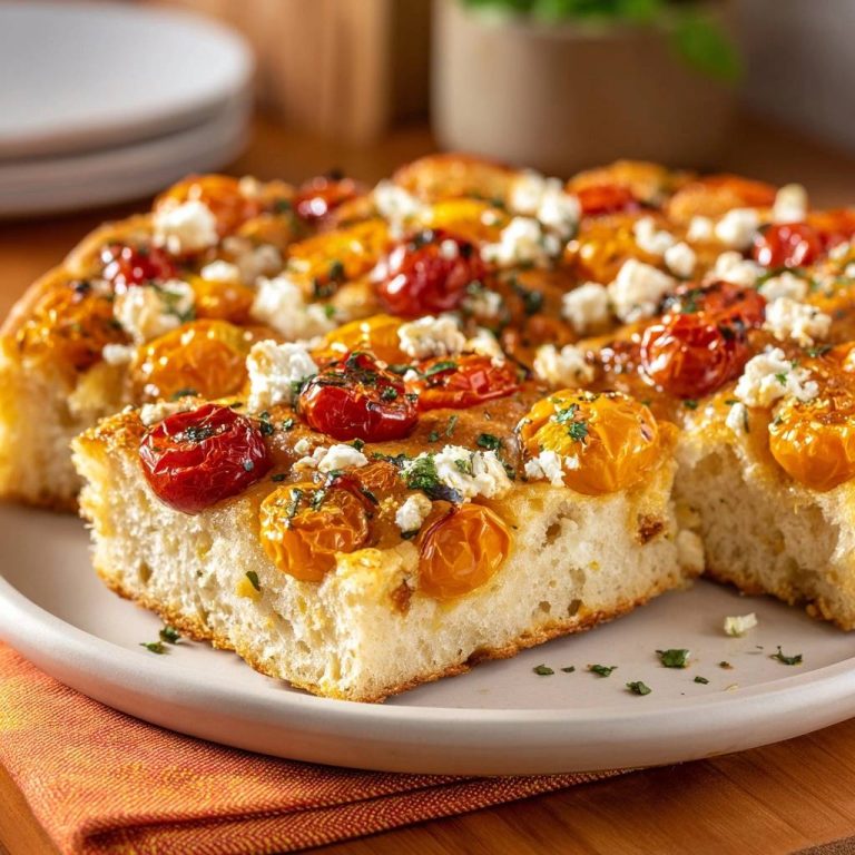 Ofentomaten-Feta-Focaccia präsentiert einen Anschnitt, der die saftige Textur des Brotes und die leckeren Tomaten und Feta-Toppings zeigt.