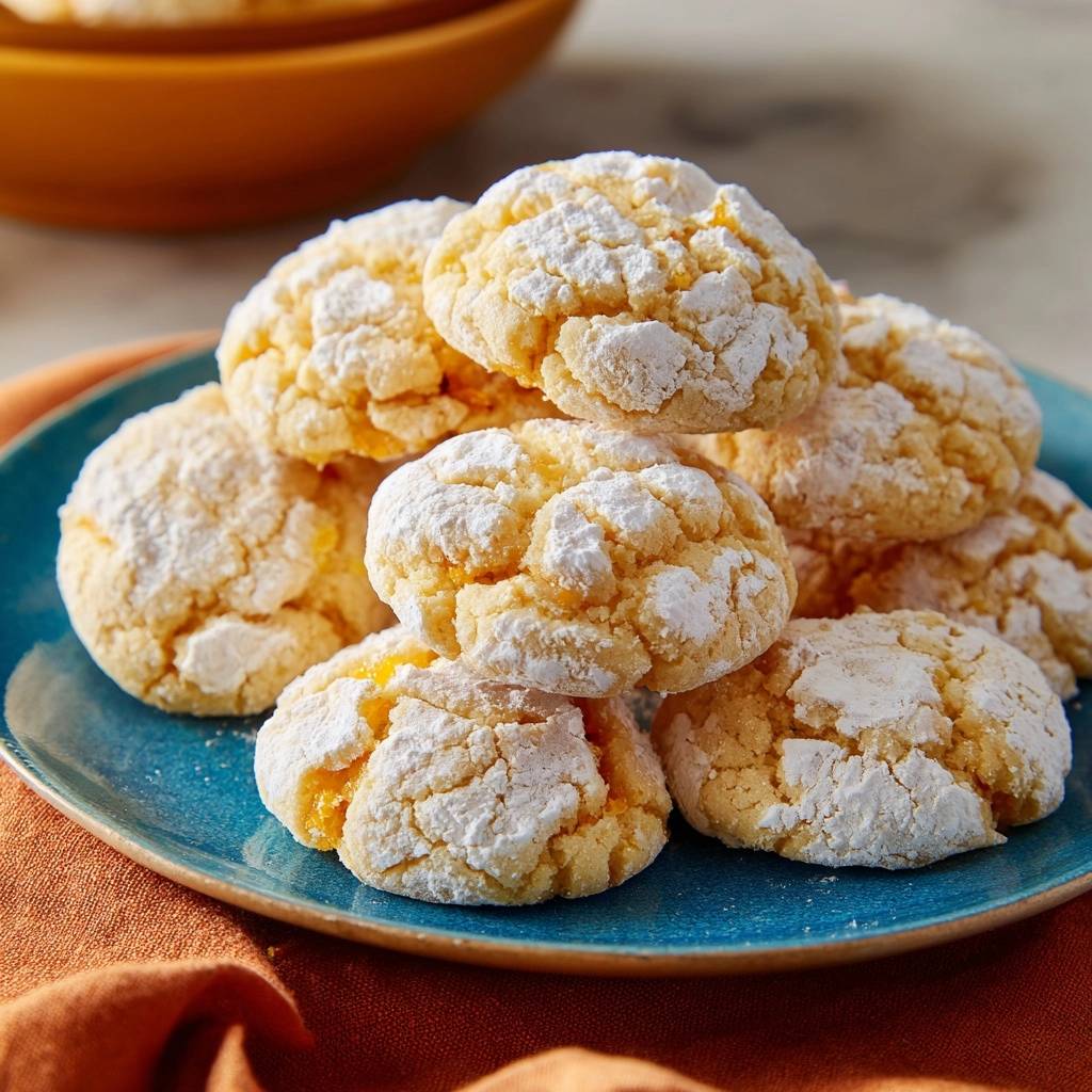 Orangen Crinkle Kekse Auf Blauem Teller 1 Orangen-Crinkle-Kekse, serviert auf einem blauen Teller, präsentieren eine köstliche Anordnung. Diese hausgemachten Kekse sind mit Puderzucker bestäubt.