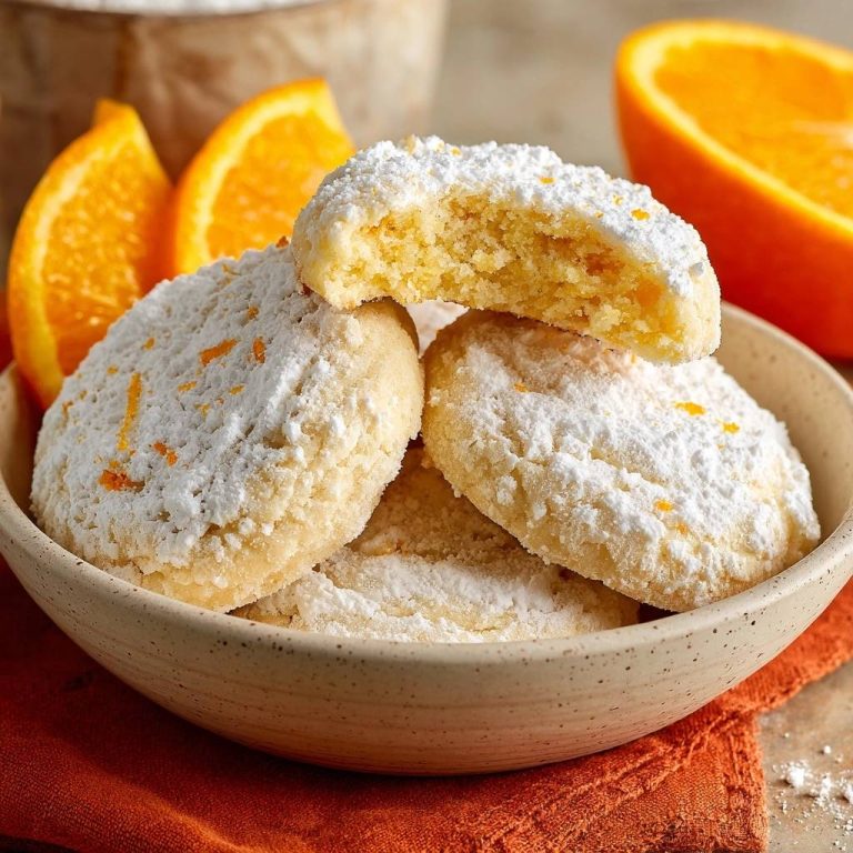 Orangen-Puderzucker-Kekse mit Puderzucker bestäubt, in einer Schüssel serviert, mit einem Anschnitt, der das Innere zeigt.