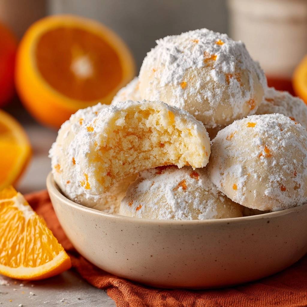 Orangen Puderzucker Kekse Querschnitt Nahaufnahme 1 Orangen-Puderzucker-Kekse zeigen einen Nahaufnahme-Querschnitt, der die saftige Innenseite und die Textur des Gebäcks offenbart.