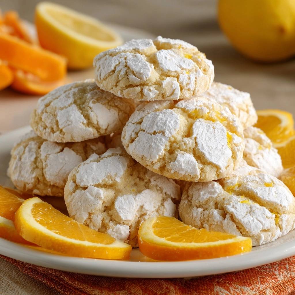 Orangige Crinkle Cookies Serviert 1 Orangige Crinkle Cookies serviert auf einem weißen Teller, garniert mit frischen Orangenscheiben. Die knusprigen Kekse sind mit Puderzucker bestäubt.