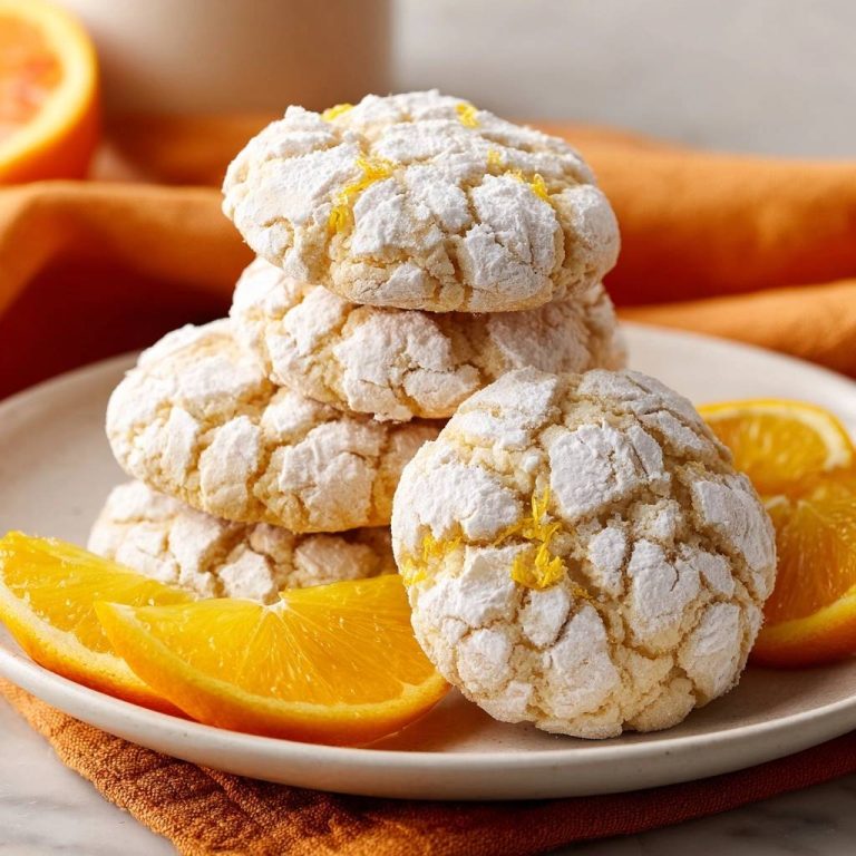 Orangige Crinkle Cookies, serviert auf einem weißen Teller, neben frischen Orangenscheiben drapiert und mit Puderzucker bestäubt.