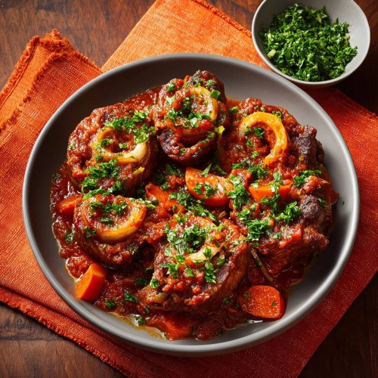 Osso Buco mit Karotten und Zwiebeln, serviert in einer tiefen Schüssel, garniert mit frischer Petersilie und Zwiebelringen, von oben betrachtet.