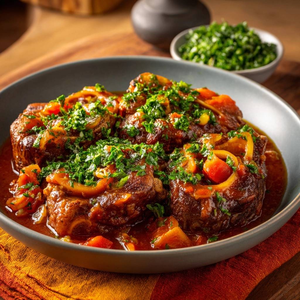 Osso Buco Mit Karotten Und Zwiebeln Serviert 1 Osso Buco mit Karotten und Zwiebeln serviert in einer tiefen Schüssel, garniert mit frischer Petersilie und serviert auf einem bunten Tuch.
