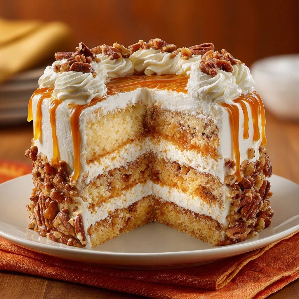 Pekannuss Karamell Torte Querschnitt Nahaufnahme 1 Pekannuss-Karamell-Torte in Nahaufnahme: Ein saftiger Anschnitt zeigt die geschichteten Kuchenböden, die mit Sahne und Karamell gefüllt sind.