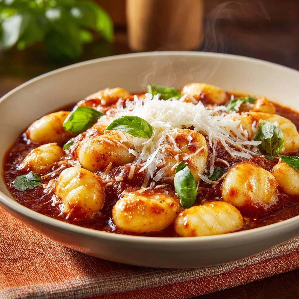 Perfekte Gnocchi Alla Pomodoro Serviert 1 Perfekte Gnocchi alla Pomodoro, serviert in einer cremigen Tomatensauce, garniert mit frischem Basilikum und geriebenem Parmesan.