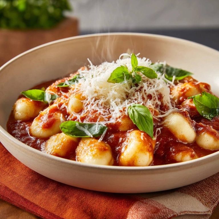 Perfekte Gnocchi alla Pomodoro, serviert in einer Schüssel, dampfend und mit frischen Basilikumblättern garniert. Reicher Tomatensauce und frisch geriebenem Parmesan.
