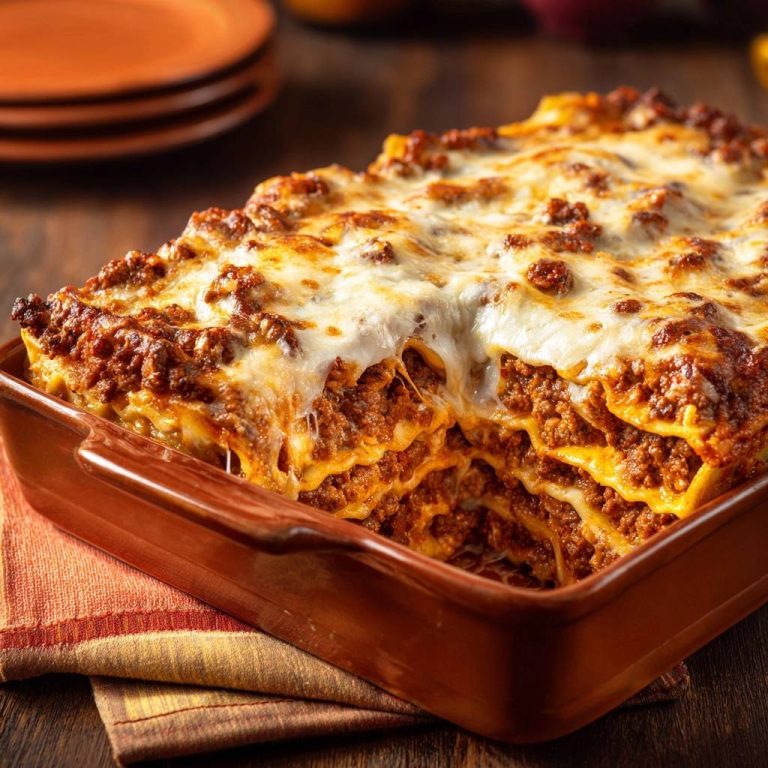 Perfekte Hackfleisch-Lasagne in Nahaufnahme: Ein saftiger Querschnitt zeigt die geschichteten Nudeln, das Hackfleisch und den geschmolzenen Käse.