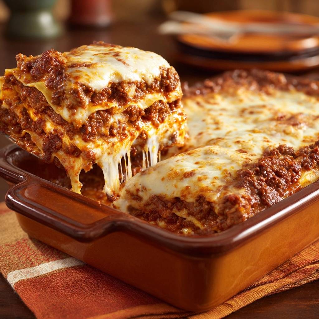 Perfekte Hackfleisch Lasagne Querschnitt Mit Kaese 1 Perfekte Hackfleisch-Lasagne: Ein köstlicher Querschnitt zeigt die geschichteten Zutaten und den geschmolzenen Käse, der gerade gezogen wird.