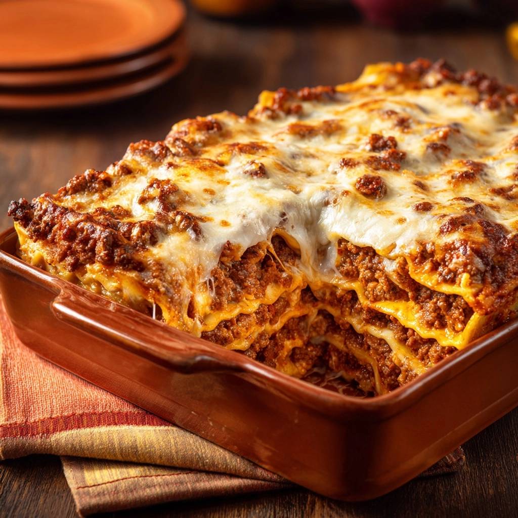 Perfekte Hackfleisch-Lasagne in Nahaufnahme: Ein saftiger Querschnitt zeigt die geschichteten Nudeln, das Hackfleisch und den geschmolzenen Käse.