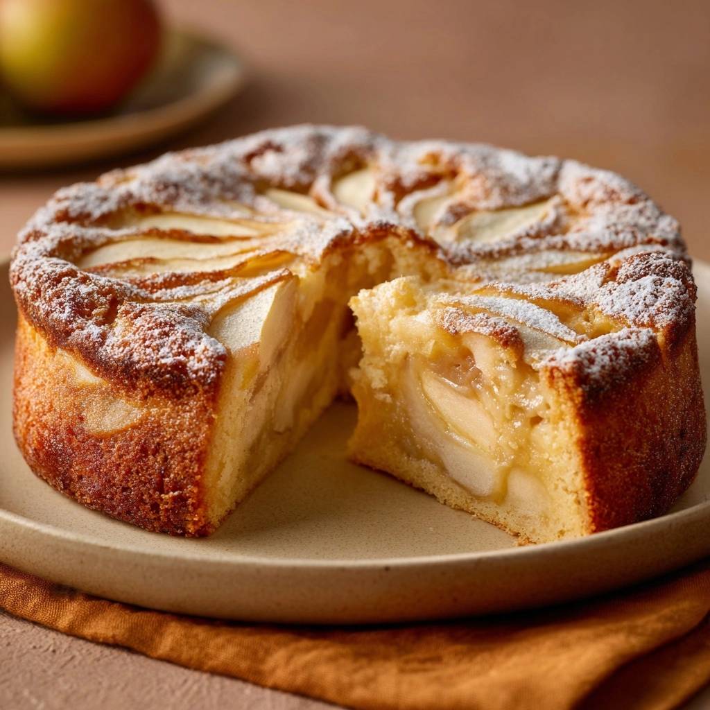 Perfekter Apfelkuchen Querschnitt 1 Perfekter Apfelkuchen mit einem saftigen Querschnitt, der die Apfelscheiben und den gebackenen Teig zeigt. Ein Stück wurde bereits herausgeschnitten.