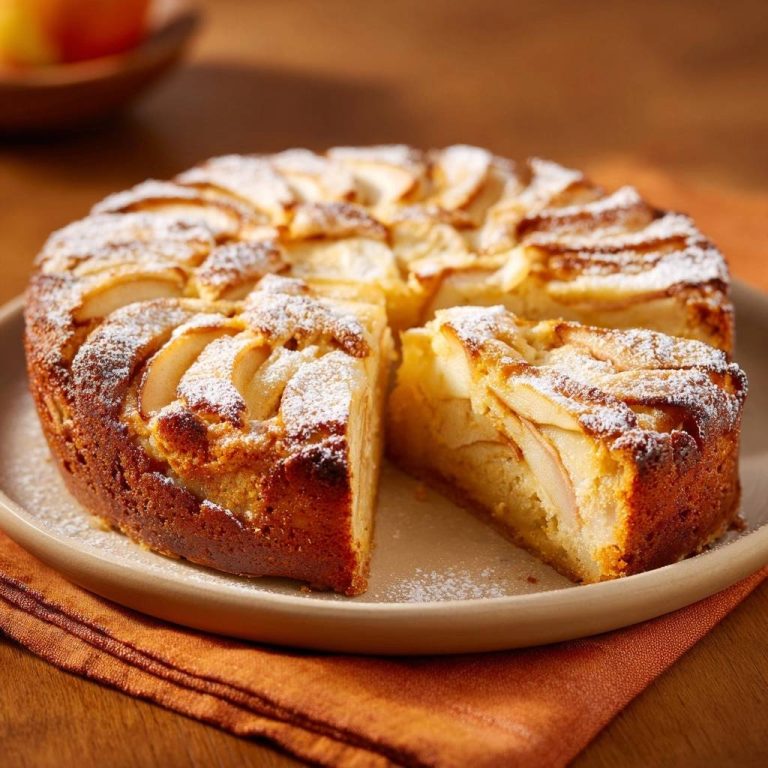Perfekter Apfelkuchen mit einer herausgeschnittenen Scheibe, die das saftige Innere und die Apfelscheiben-Garnierung zeigt.