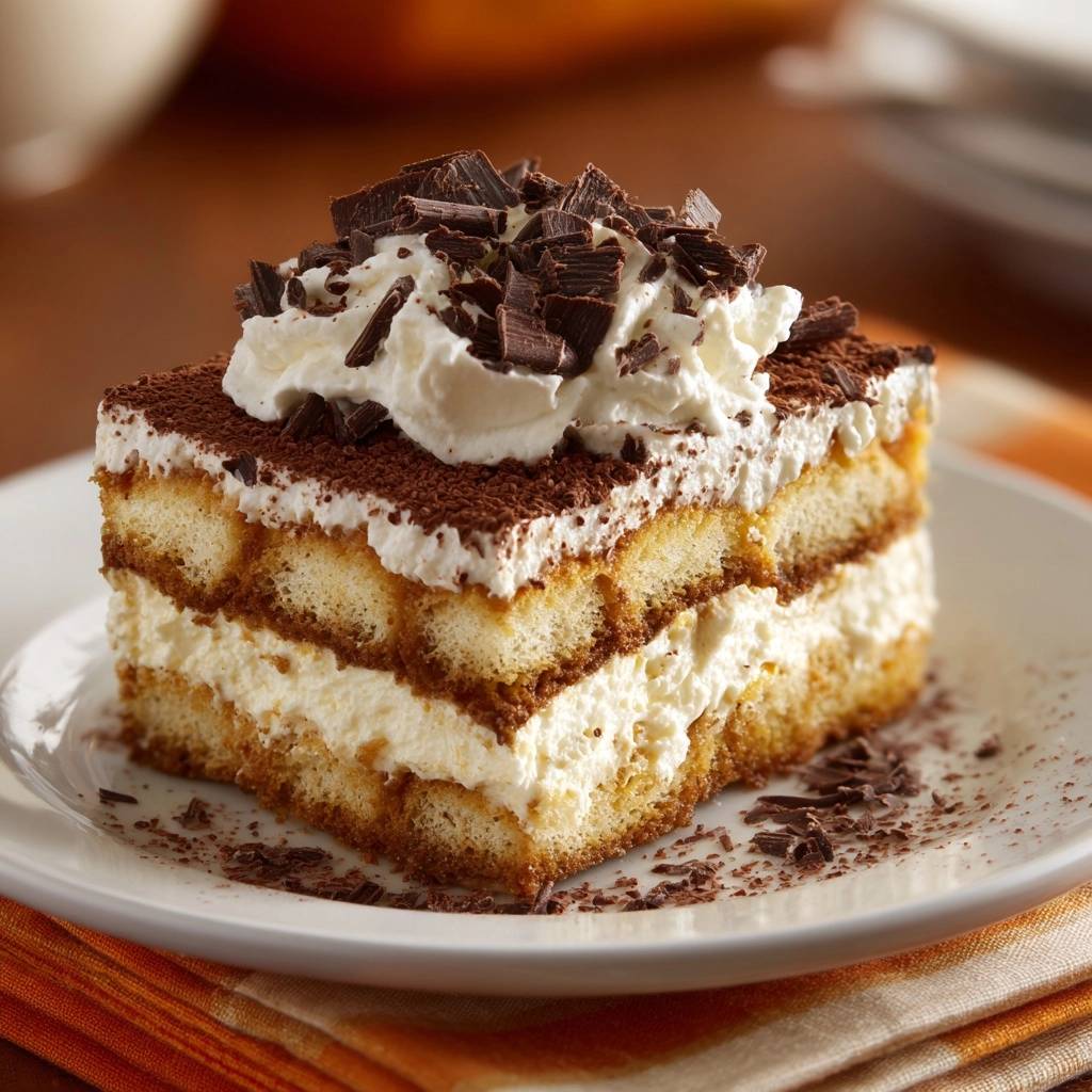 Perfektes Tiramisu Querschnitt Serviert 1 Perfektes Tiramisu auf einem Teller serviert, mit einer Nahaufnahme des cremigen Innenlebens und Schokoladenraspeln.