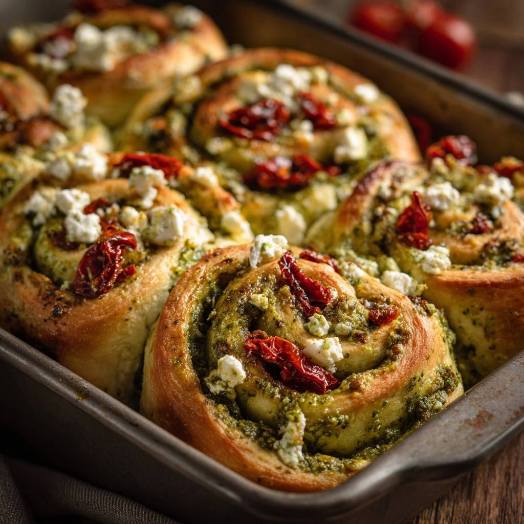 Pesto Tomaten Feta Schnecken Nahaufnahme 1 Pesto-Tomaten-Feta-Schnecken in einer Nahaufnahme, die die saftige Füllung und die knusprige Oberfläche dieser köstlichen Schnecken zeigt.