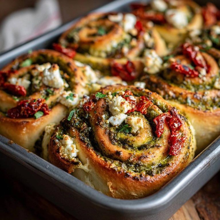 Pesto-Tomaten-Feta-Schnecken in Nahaufnahme, garniert mit sonnengetrockneten Tomaten und zerbröseltem Feta-Käse, frisch aus dem Ofen.