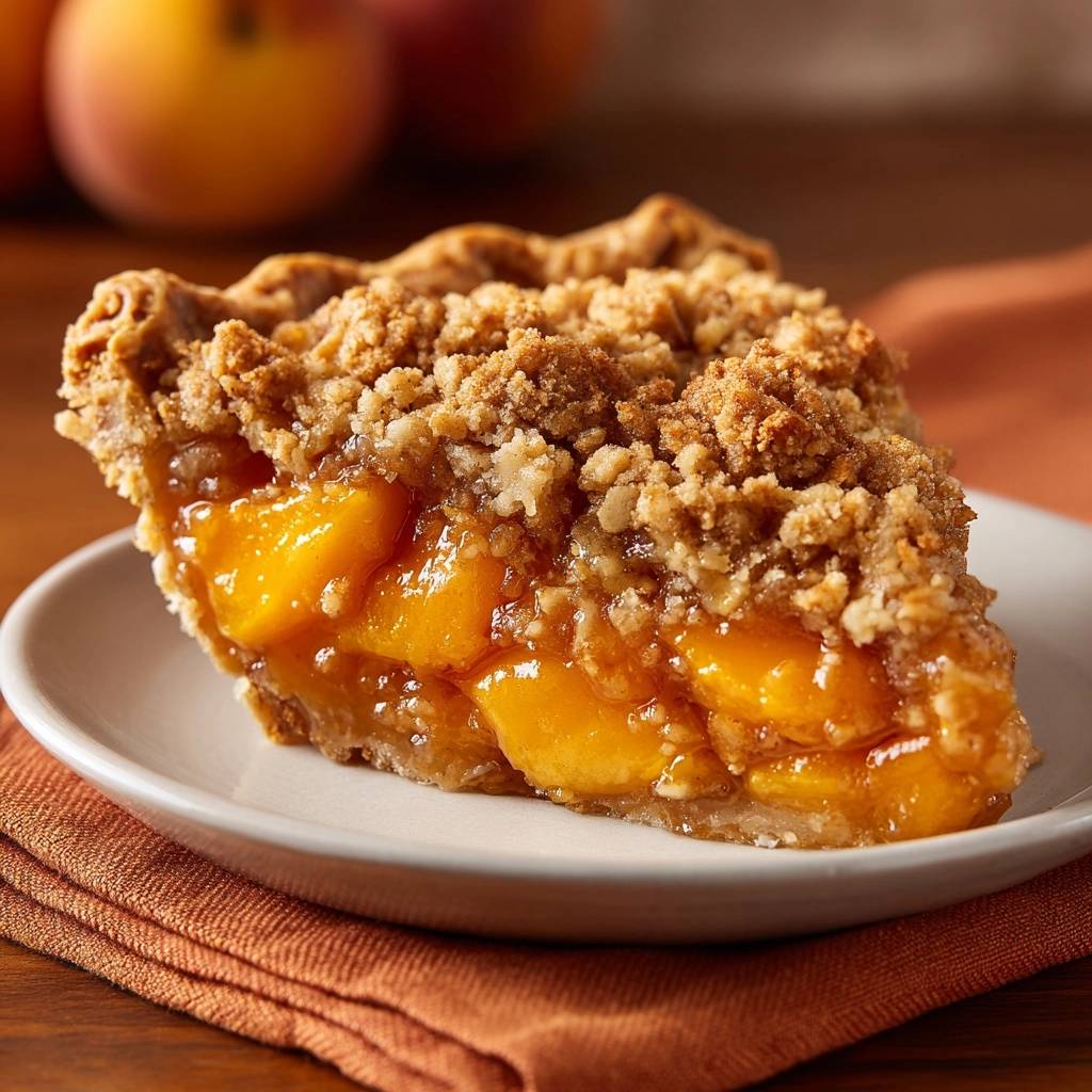 Pfirsich Streuselkuchen Querschnitt Serviert 1 Pfirsich-Streuselkuchen präsentiert einen appetitlichen Anschnitt, der die saftigen Pfirsichstücke und die knusprigen Streusel zeigt, serviert auf einem Teller.