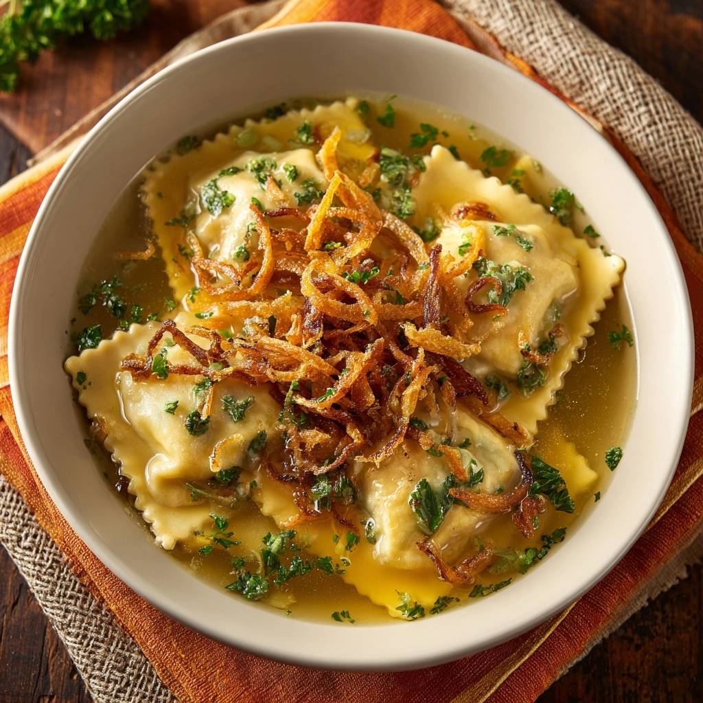 Ravioli In Goldener Bruehe Draufsicht 1 Ravioli in goldener Brühe, serviert in einer Schüssel, mit knusprigen Zwiebeln und frischem Grün von oben betrachtet.