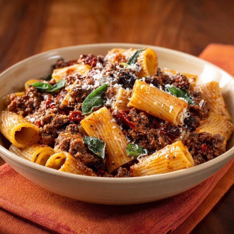 Rigatoni mit Hack-Tomaten-Ragù in Nahaufnahme, serviert in einer Schüssel, mit frischen Kräutern und geriebenem Käse garniert.