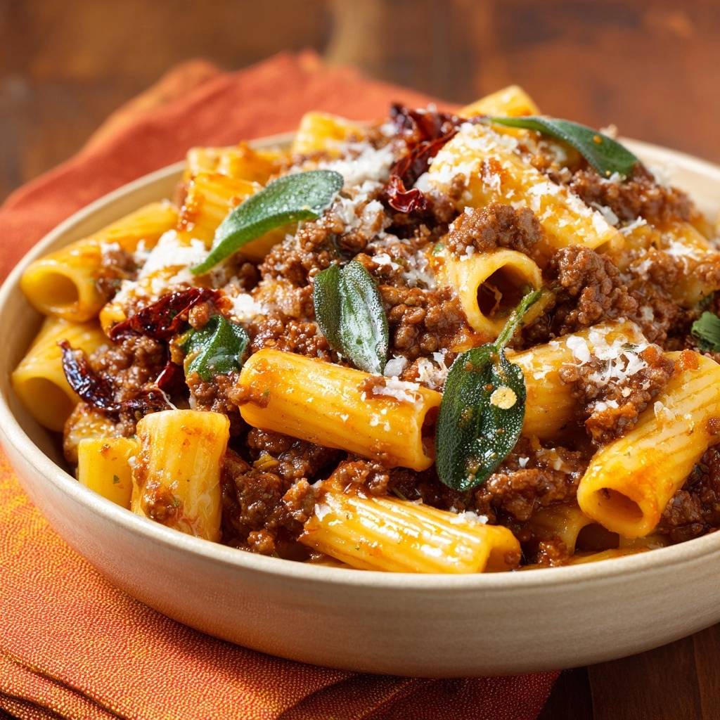 Rigatoni Mit Hack Tomaten Ragu Nahaufnahme Serviert 1 Rigatoni mit Hack-Tomaten-Ragù in einer Schüssel serviert, garniert mit frischen Salbeiblättern und geriebenem Käse, ein köstliches Gericht.