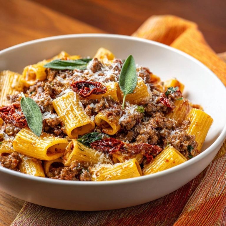 Rigatoni mit Salbei-Hack und getrockneten Tomaten, serviert in einer weißen Schüssel, garniert mit frischen Salbeiblättern und Parmesan.