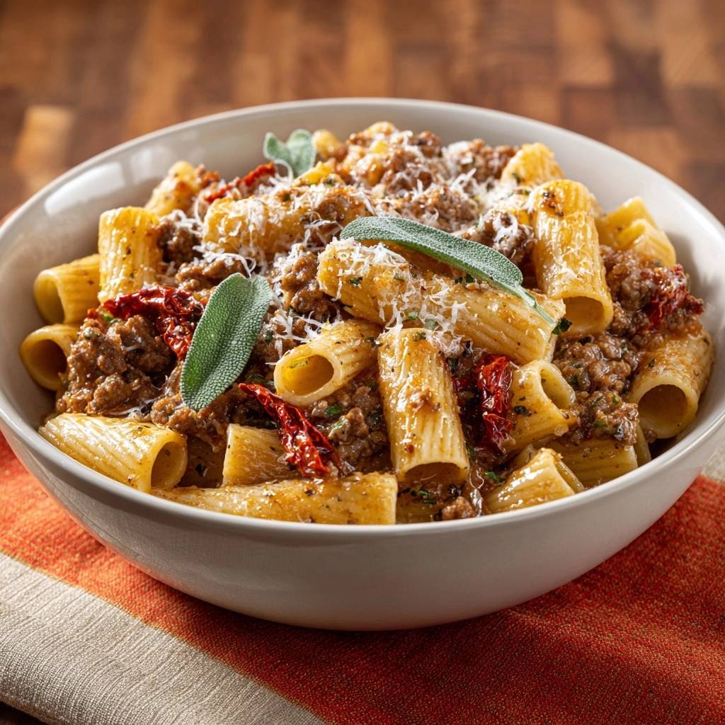 Rigatoni Mit Salbei Hack Und Getrockneten Tomaten Serviert 1 Rigatoni mit Salbei-Hack und getrockneten Tomaten serviert in einer cremigen Sauce, garniert mit frischen Salbeiblättern und Parmesan.